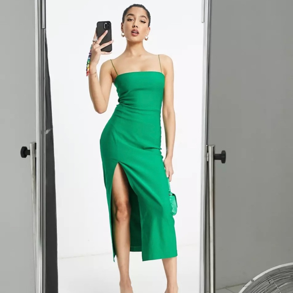 ASOS Vesper cami strap midi dress with thigh silt in green size 6 UK / US 2 / XS